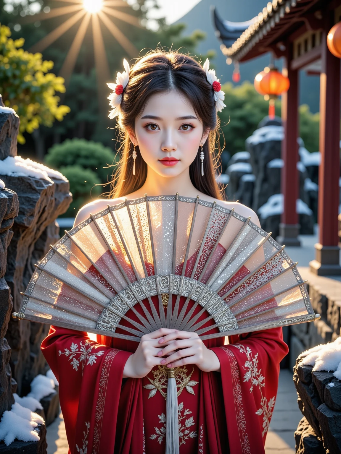 Ultra realistic portrait, Stunning delicate and refined Chinese woman stands in a quiet garden, holding a magnificent, exquisitely crafted luxurious fan that covers the lower part of her face, and her eyes are open; the fan has an elegant lattice, unique coloring, interweaving of bright feathers and silk tassels that sparkle in the soft golden light of a traditional Chinese lantern; the majestic beauty of the fan, the refined features of the woman's face, her striking gaze, evoke the unrivaled elegance and mystery of the East.