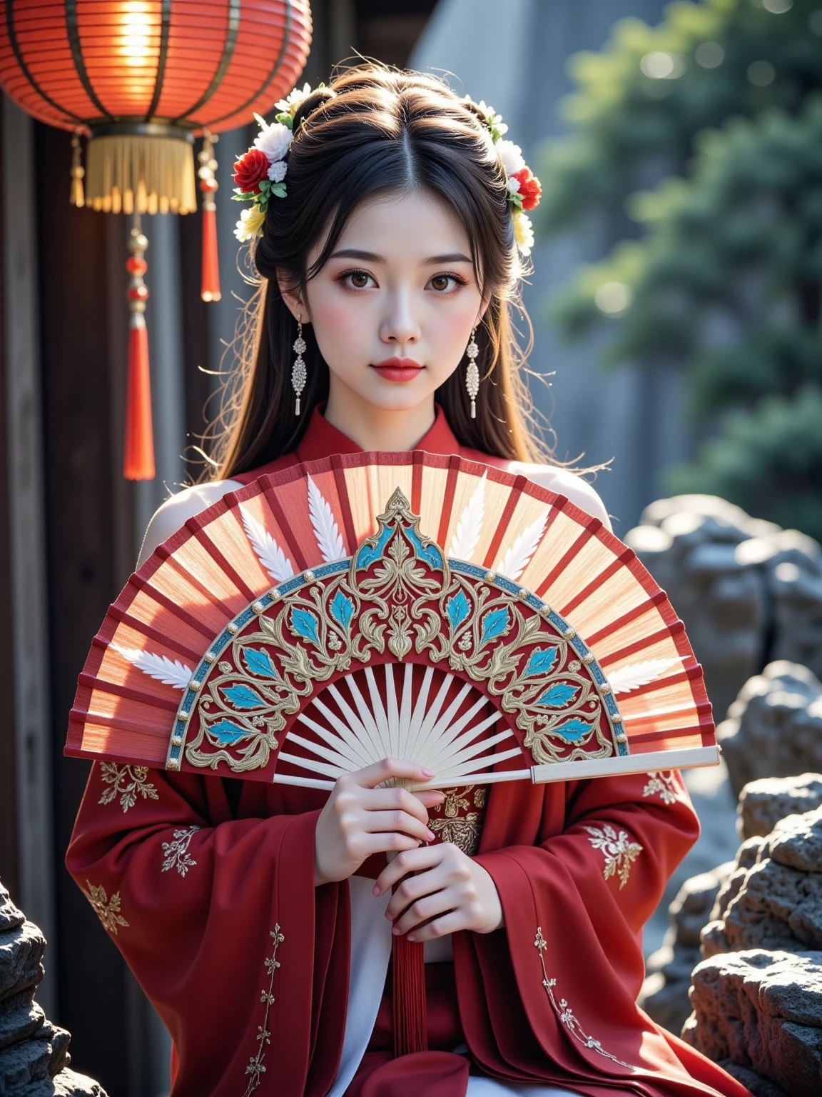 Ultra realistic portrait, Stunning delicate and refined Chinese woman stands in a quiet garden, holding a magnificent, exquisitely crafted luxurious fan that covers the lower part of her face, and her eyes are open; the fan has an elegant lattice, unique coloring, interweaving of bright feathers and silk tassels that sparkle in the soft golden light of a traditional Chinese lantern; the majestic beauty of the fan, the refined features of the woman's face, her striking gaze, evoke the unrivaled elegance and mystery of the East.