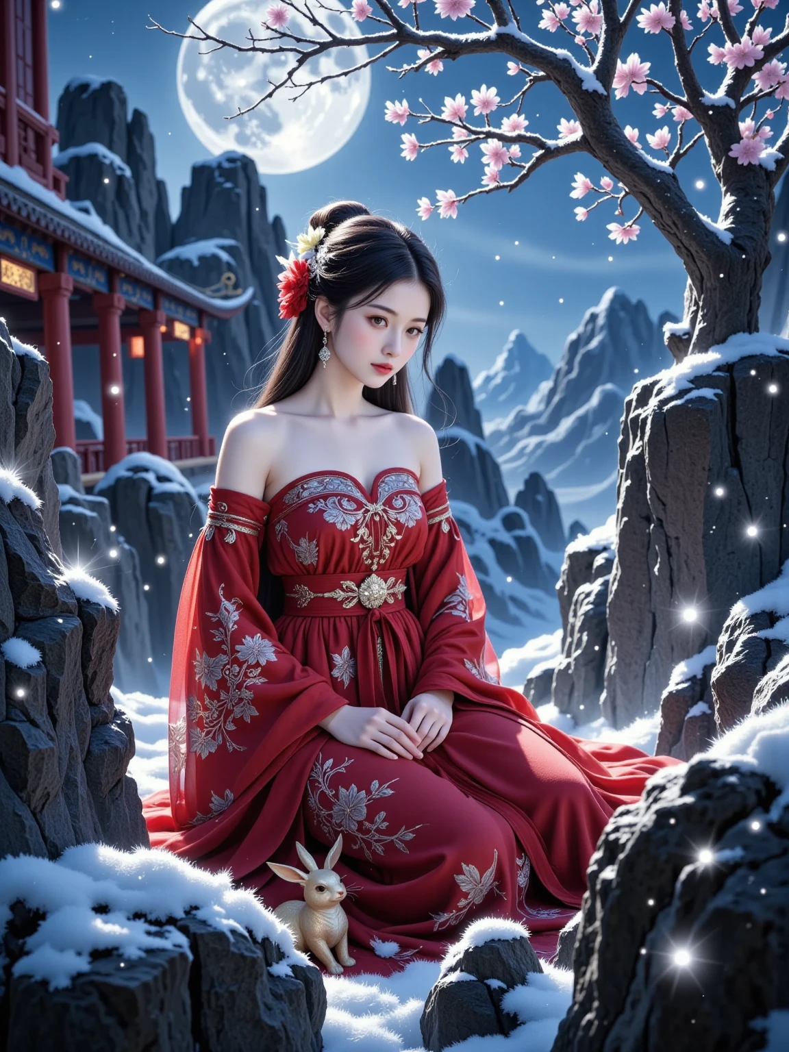 Create a surreal and emotional digital painting，捕捉神话In the background孤独与渴望的精髓。The scene is set in Guanghan Palace，Soft moonlight fills the midnight sky，A delicate and elegant woman stands alone，Her expression reveals heartache and contemplation。She is surrounded by the gorgeous yet lonely grandeur of the palace，The shadows of the carved beams and painted buildings cast intricate patterns in the moonlight。

In the background，A lush osmanthus tree，The flowers reflect neon colors in the night，Add a touch of color to the scene。The woman holds a cup of turbid wine，Symbolizes her attempt to drink away her sorrow，And her eyes reveal a deep unfulfilled wish。The air is filled with a sense of fate and missed opportunities，It's as if the entire universe is trying to separate her from her true love。

In the foreground，A jade rabbit and a golden toad，As auxiliary symbols in mythology，Cleverly integrated into the scene，Suggesting the woman's hope for an eventual reunion。The painting should convey a sense of eternity，Clouds roll in the sky，As if reflecting the woman's inner waves and endless longing。The overall atmosphere should be full of haunting beauty，Capture the viewer's imagination，Evokes the profound elegance of oriental mythology and mystery。