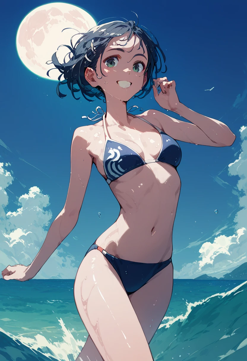 Immediately,sea，  swimsuit，Wet and shiny skin，smile， moon， bikini，  Running