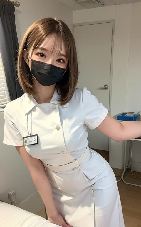1 girl,(Wearing white nurse clothes:1.2),(RAW Photos, highest quality), (Realistic, photo-Realistic:1.4), masterpiece, Very delicate and beautiful, Very detailed, 2k wallpaper, wonderful, finely, Very detailed CG unity 8k wallpaper, Very detailed, High resolution, Soft Light, Beautiful detailed girl, Very detailed eyes and face, Beautiful and detailed nose, finely beautiful eyes, nurse, Perfect Anatomy, Black Hair, Upstyle, nurse uniform, ((mask)), Long skirt, nurse, White costume, thin, hospital, clear, White Uniform, hospital room, Neck auscultation,Bobcut