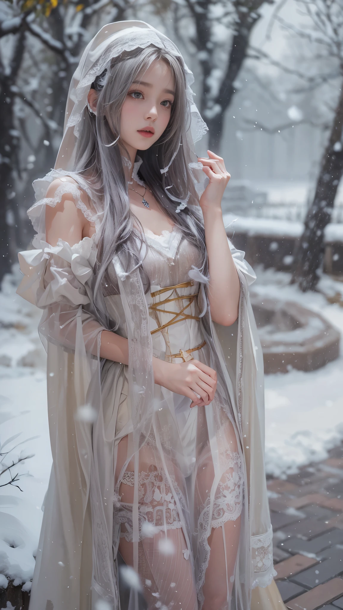 (8K, RAW photos, best qualtiy, tmasterpiece:1.2),(realisticlying, photograph realistic:1.4)
ta costume,Lace, Squat,(Cloak,do lado de fora,Cover with snow,snowfield), high high quality, highdetailskin, looking at viewert,