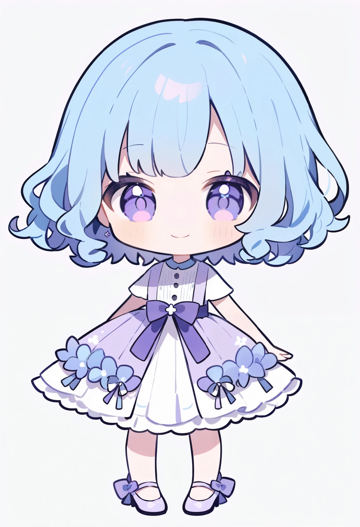 花の dressを着た女の子1人, Chibi, pastel color, smile、 Blue Hair, shorthair , Curly Hair、 stands straight and faces the front shoes stylish dress Purple has a white background
