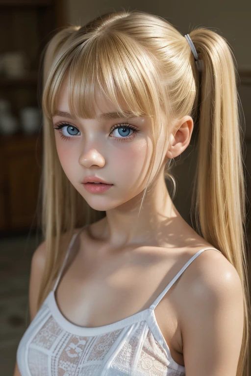 masterpiece.8k.Realstic.bestquality. anatomically correct,  high image quality model,  High detail ,  very detailed,  Textured Skin, Blonde, bangs,  twin tails,  eye catching ,  Background Blur, Ukrainian girl 、 clear contours 、 Smooth skin 、 white camisole 、****aroldgirl.beautifulgirl.