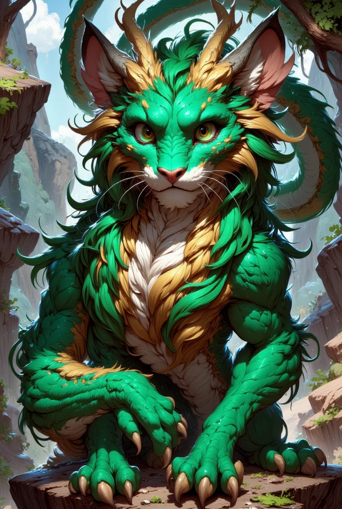 combines the characteristics of a cat and dragon. gaint, It has a connection with the three elements of earth, air and fire. fantasy setting, 8k, uhd, masterpiece, detailed. Green fur with golden parts on head, neck and paws. Fluffy, long fur