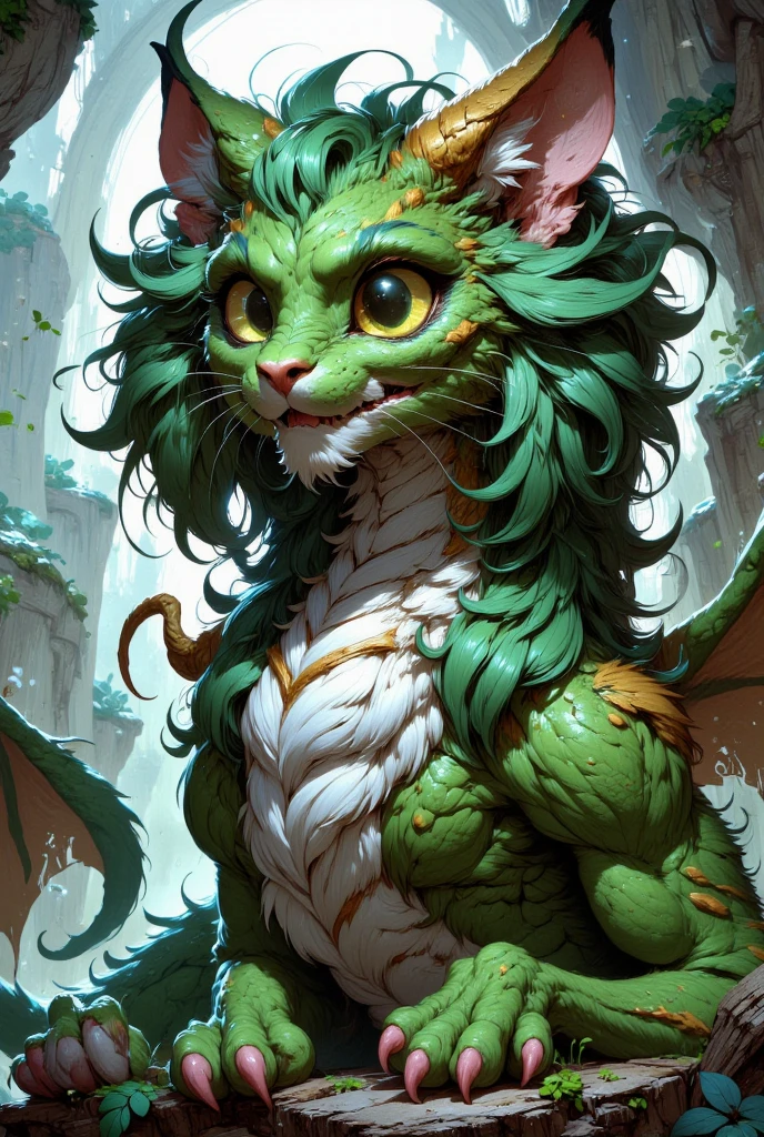 combines the characteristics of a cat and dragon. gaint, It has a connection with the three elements of earth, air and fire. fantasy setting, 8k, uhd, masterpiece, detailed. Green fur with golden parts on head, neck and paws. Fluffy, long fur