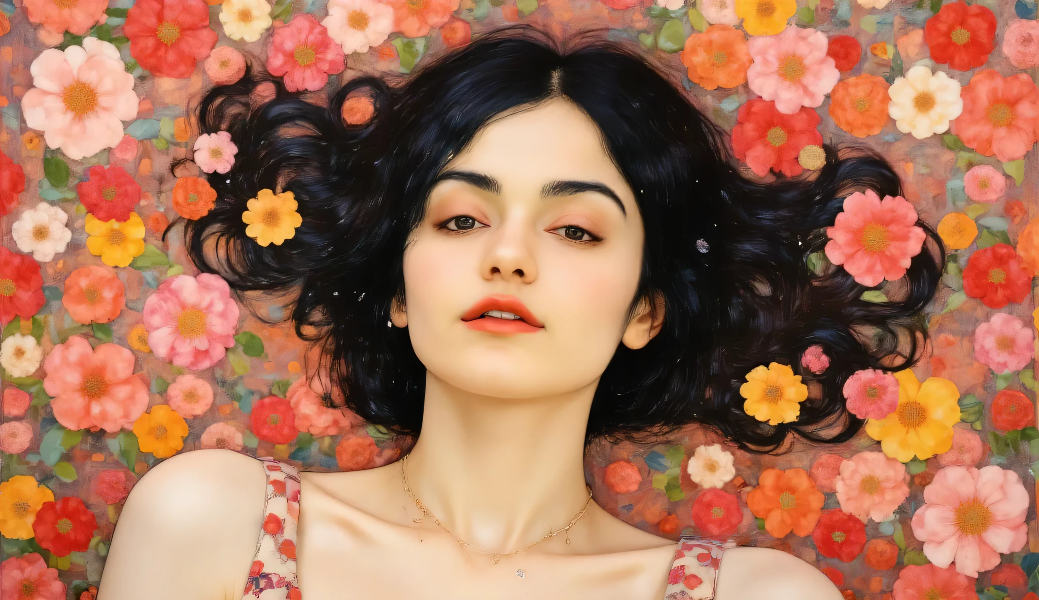 "Palette knife painting of a woman lying on a ground covered with vibrant flowers, her serene face partially visible amidst the blossoms. The textured strokes blend soft pinks, reds, yellows, and greens, creating a dreamy, abstract floral bed. Her relaxed expression exude peace, while her flowing hair merges seamlessly with the surrounding petals, evoking a timeless, ethereal beauty."