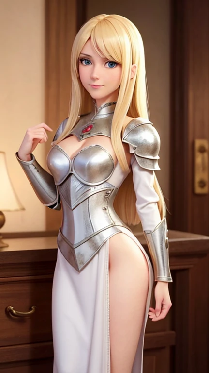 (Forrest:Face:LORA)(Curly Blonde Long Hair) full body, barefoot, solo, female, big breast, linen tunic, fantasy village, armor, Handcuffs on their hands with a collar around the neck, hands on hips, slave ((black choker, shackles on legs and arms))