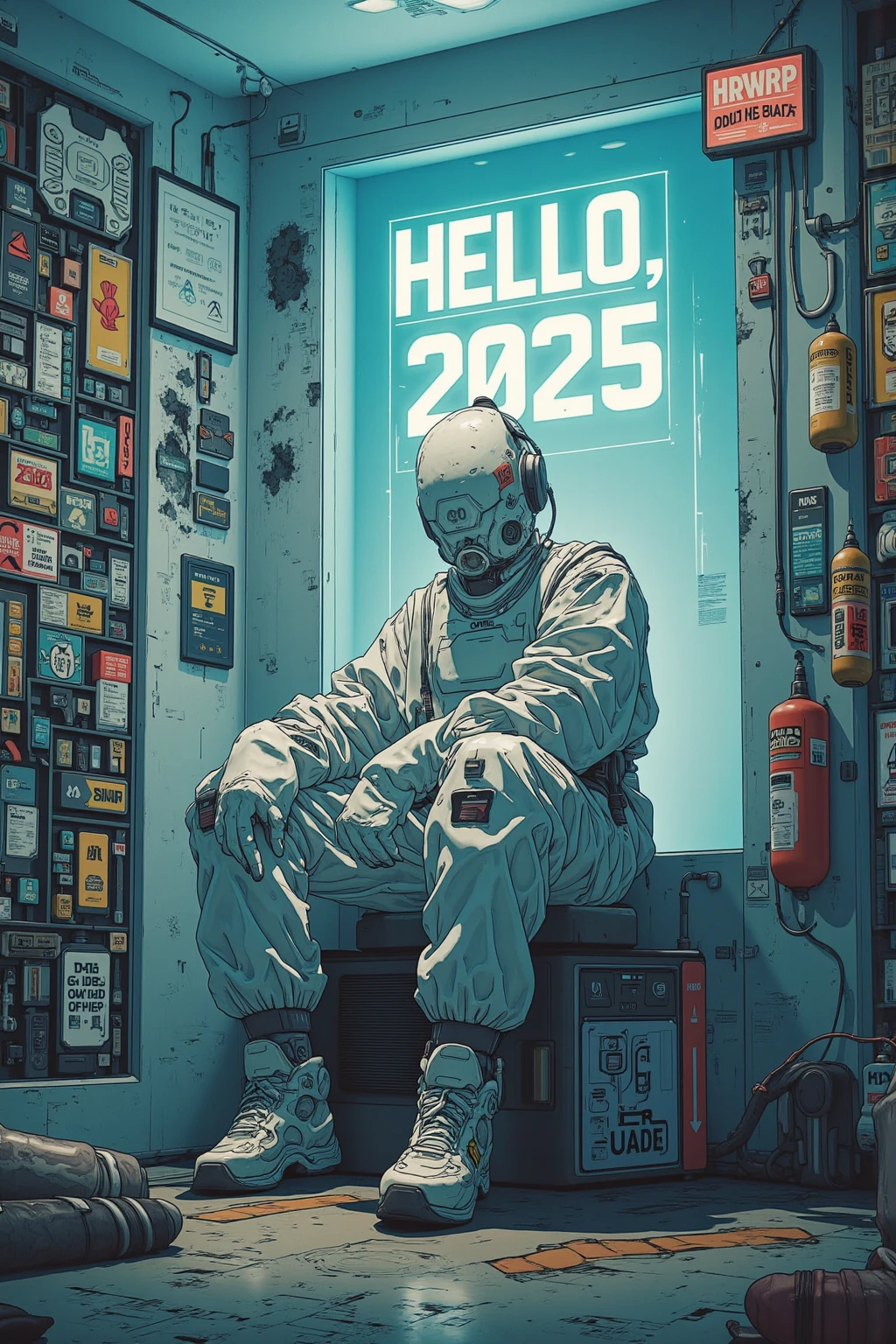   "“Hello 2025” headline poster ,strange room , A crazy man wearing clothes designed to look like a protective suit is sitting,Ultra-realistic composition ,   surreal style  ,  neo-surrealistic    .     digital art   , surrealistic     digital art   work,   Surreal Scene  ,   surreal photography  , surreal 3 d render,   Surrealist Conceptual Art    ,   Dreamy Art  ,   surreal photography  graphy,   surrealist photography  ,  items floating in the air  、lots of items , ultra high resolution ,   very detailed,  huge room with no windows , Hyacinth,vapor,junk, Wide Angle Shot ,  Proximity Method, Strange 80s Style Synthwave , Synthwave City, Synth Wave Style , Miami Synthwave , Synthwave Art Style from a 2009 SF8K movie, cyberpunk atmosphere , Spectacular Retrowave Art