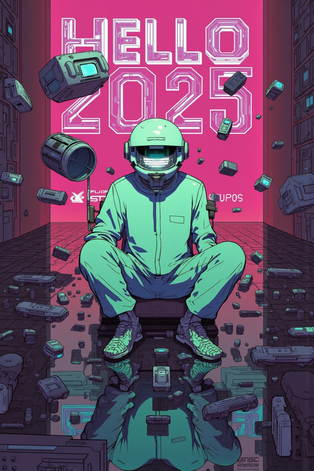   "“Hello 2025” headline poster ,strange room , A crazy man wearing clothes designed to look like a protective suit is sitting,Ultra-realistic composition ,   surreal style  ,  neo-surrealistic    .     digital art   , surrealistic     digital art   work,   Surreal Scene  ,   surreal photography  , surreal 3 d render,   Surrealist Conceptual Art    ,   Dreamy Art  ,   surreal photography  graphy,   surrealist photography  ,  items floating in the air  、lots of items , ultra high resolution ,   very detailed,  huge room with no windows , Hyacinth,vapor,junk, Wide Angle Shot ,  Proximity Method, Strange 80s Style Synthwave , Synthwave City, Synth Wave Style , Miami Synthwave , Synthwave Art Style from a 2009 SF8K movie, cyberpunk atmosphere , Spectacular Retrowave Art