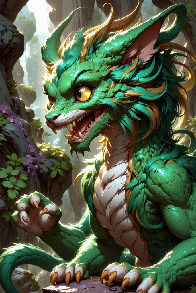 combines the characteristics of a cat and dragon. gaint, It has a connection with the three elements of earth, air and fire. fantasy setting, 8k, uhd, masterpiece, detailed. Green fur with golden parts on head, neck and paws. Fluffy, long fur