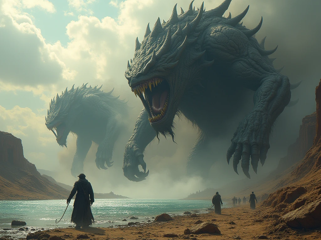 realistic detailed photo, 1 man and 1 woman running, eerie floating creatures in the sky, surreal atmosphere, cinematic lighting, dramatic shadows, highly detailed, hyper realistic, photorealistic, (best quality, 8k, ultra-detailed, masterpiece:1.2), wide angle, (dramatic:1.3), (cinematic:1.2), (realistic:1.37), (horror:1.1), (fantasy:1.1), dramatic lighting, moody colors, dark tones, sam yang