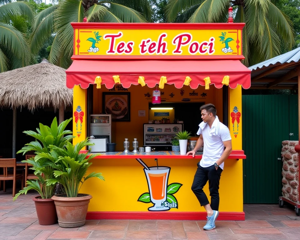 a traditional street vendor, featuring small stalls with a bright yellow and red color scheme. This kiosk prominently displays an iced tea sign (“Tes Teh Poci”) with a fresh and inviting theme. The design includes an image of an iced tea glass with ice cubes and bright green tea leaves. Explore the stall with a tropical atmosphere, including palm trees and a rustic outdoor backdrop, with a small brick floor and a handsome, athletic man, wearing a white t-shirt, wearing a small towel over his shoulder, wearing black 3/4 length pants sitting in place sitting near the shop. Make sure the atmosphere feels relaxed and inviting to customers. Realistis, FHD, photography