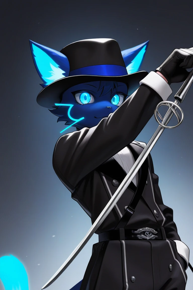 blazblue, furry Black cat female, big eyes ,gigantic butt ,thighs ,Coat , Holding shotGun , BLUE pupils , solo , s