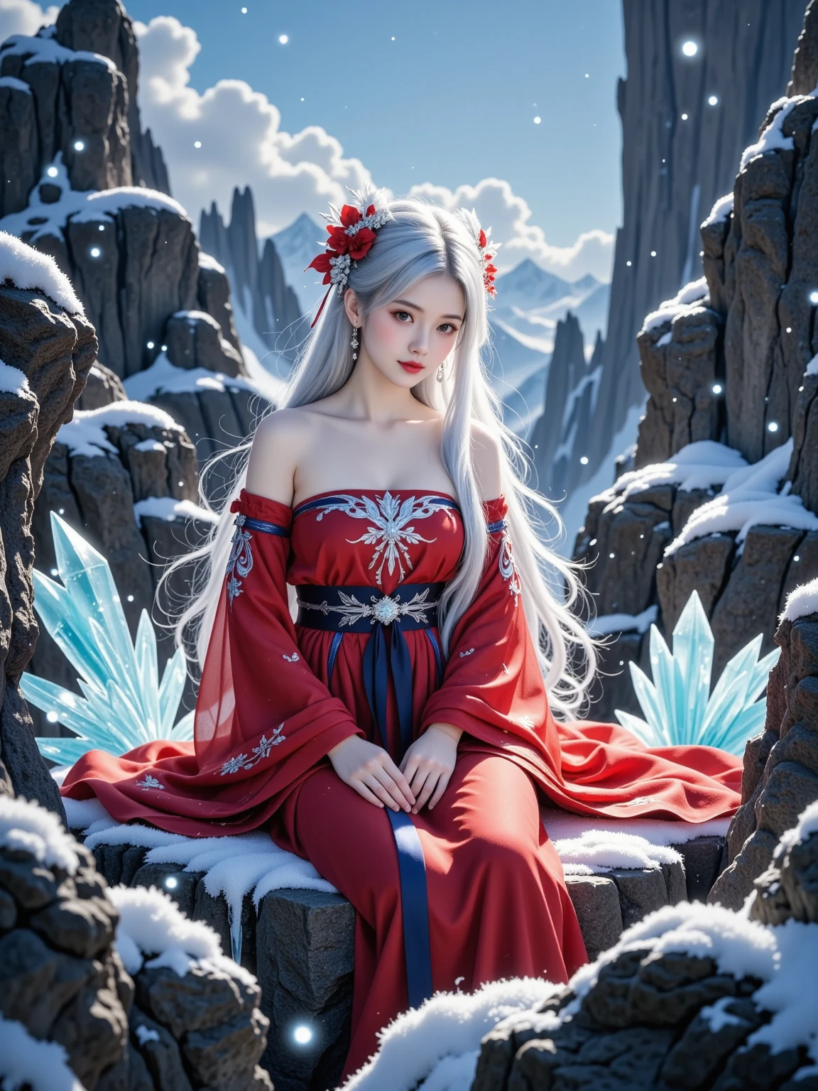 Mysterious cliff top, rocks, independent fantasy world, flying snow, magic ice crystals, 1girl, as beautiful as a fairy, red strapless Hanfu, long silver hair, flower hair accessories, cold eyes, hidden secrets and power, 8K, ultra High resolution, mysterious light, fantasy textures, magic fluctuations, wonderful energy, lighting effects, magic and fantasy wonderland, surrealism, realism, film graininess