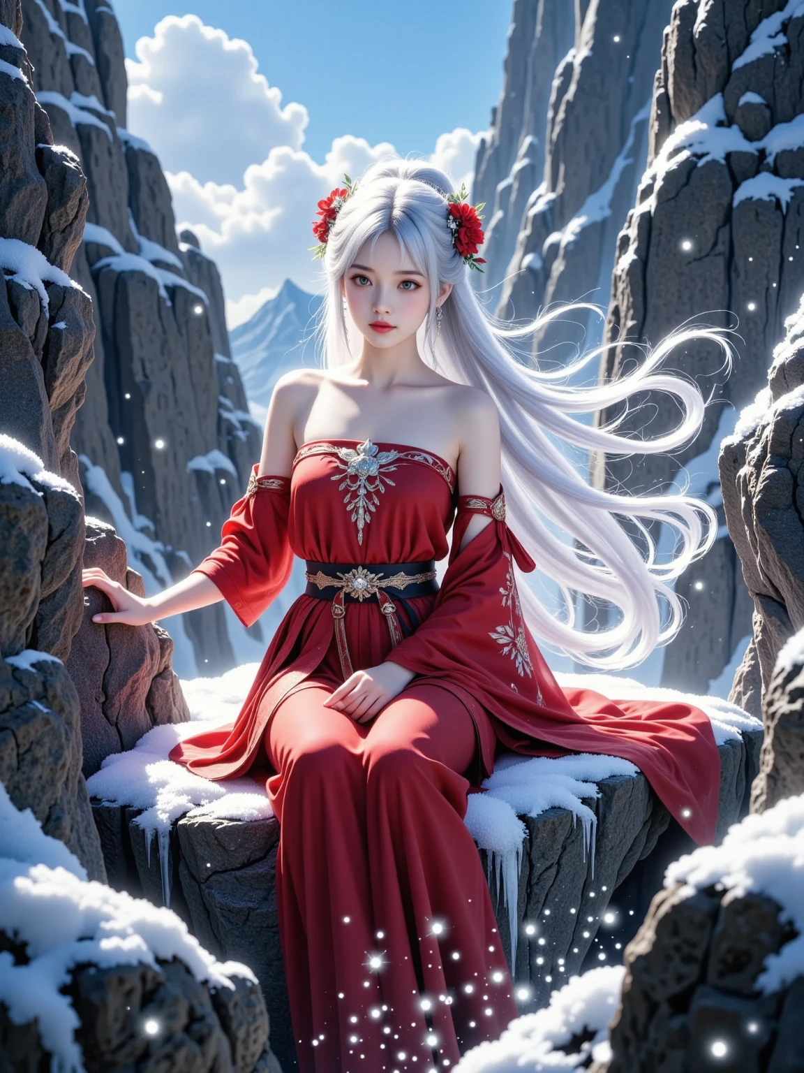 Mysterious cliff top, rocks, independent fantasy world, flying snow, magic ice crystals, 1girl, as beautiful as a fairy, red strapless Hanfu, long silver hair, flower hair accessories, cold eyes, hidden secrets and power, 8K, ultra High resolution, mysterious light, fantasy textures, magic fluctuations, wonderful energy, lighting effects, magic and fantasy wonderland, surrealism, realism, film graininess