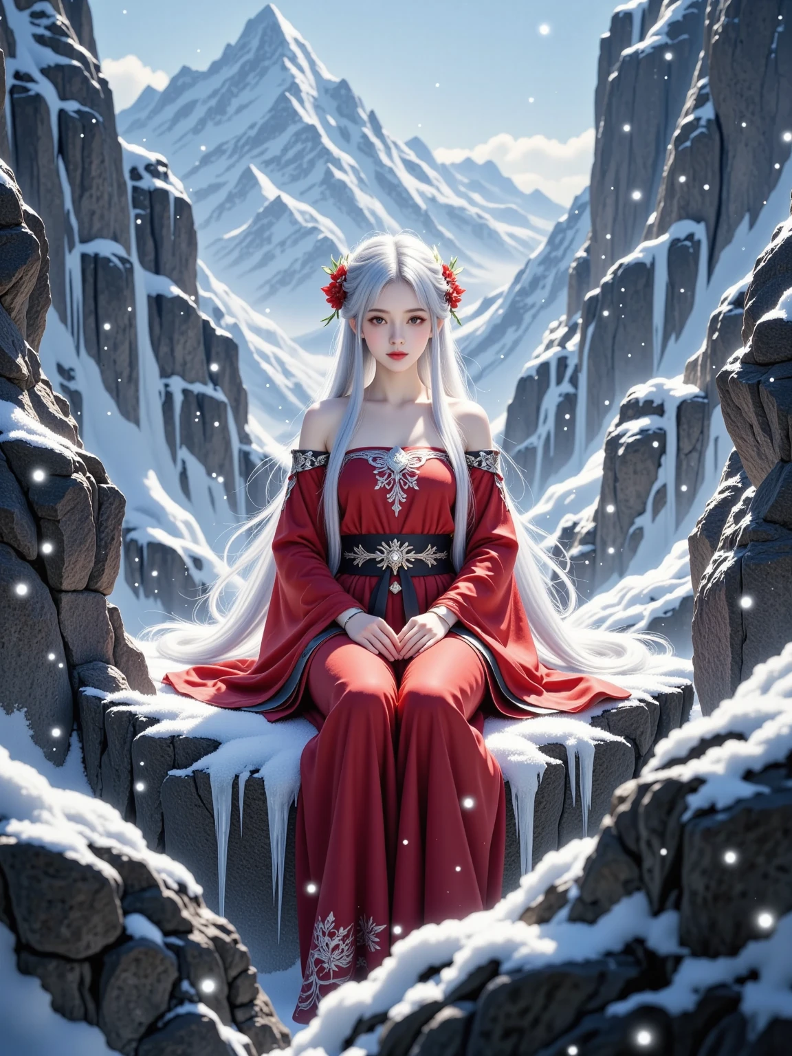 Mysterious cliff top, rocks, independent fantasy world, flying snow, magic ice crystals, 1girl, as beautiful as a fairy, red strapless Hanfu, long silver hair, flower hair accessories, cold eyes, hidden secrets and power, 8K, ultra High resolution, mysterious light, fantasy textures, magic fluctuations, wonderful energy, lighting effects, magic and fantasy wonderland, surrealism, realism, film graininess