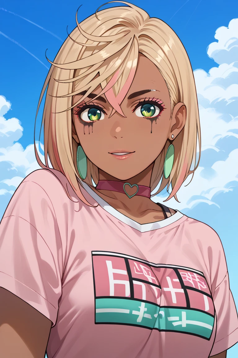 "An anime-style dark tanned skin Momo Ayase portrait gyaru-inspired fashion. She has medium-length, light blondie hair with a side fringe and a distinctive pink streak in the front. Her hairstyle is decorated with colorful hair clips shaped like stars and hearts. She is wearing a stylish pink choker and large pixelated star-shaped earrings. The girl has expressive green eyes with heavy Gyaru makeup that highlights her strong and confident personality. Her school uniform is slightly customized, with a loose-fitting shirt and a small decorative keychain hanging from her collar. She also wears colorful bracelets on her visible wrist. The background is a soft blue sky with hints of greenery, creating a vibrant and carefree atmosphere. 