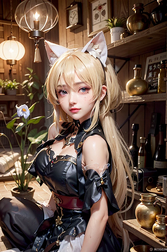 Akizuki Airi from hentai Oni chichi, blonde, long twintails, blue eyes, pregnant, micro skirt, large breast, is at night in the park, blush