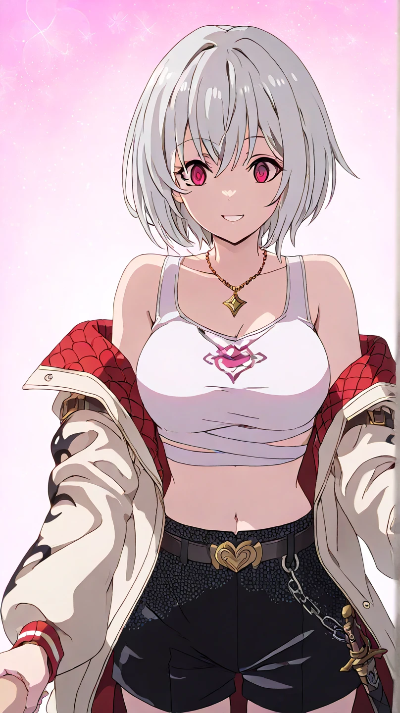 1girl, short hair, silver hair, solo focus, Highress, 2k, best quality, face details. 
Eyes:
heterochromatic, left eyes is blue, right eyes is red.
Clothing Description:

Top: Wearing a white crop top with black straps, layered with black mesh covering the neckline.

Outerwear: An oversized white bomber jacket with red and black accents on the inside. The red lining features a quilted pattern, adding a stylish detail.

Additional Accessories: A necklace with a triangular pendant and chain straps hanging from the belt.

Bottom: Black shorts with red accents, featuring metallic chains and straps wrapping around the waist. Buckles and straps add a utilitarian touch.

Background:
A pastel pink background with heart and star patterns, creating a sweet and cheerful atmosphere. There’s also a. She make  with a sword in a room, shadowverse style, shadowverse, detailed key anime art, high detailed official artwork, detailed fantasy art, extremely detailed artgerm, anime fantasy artwork,