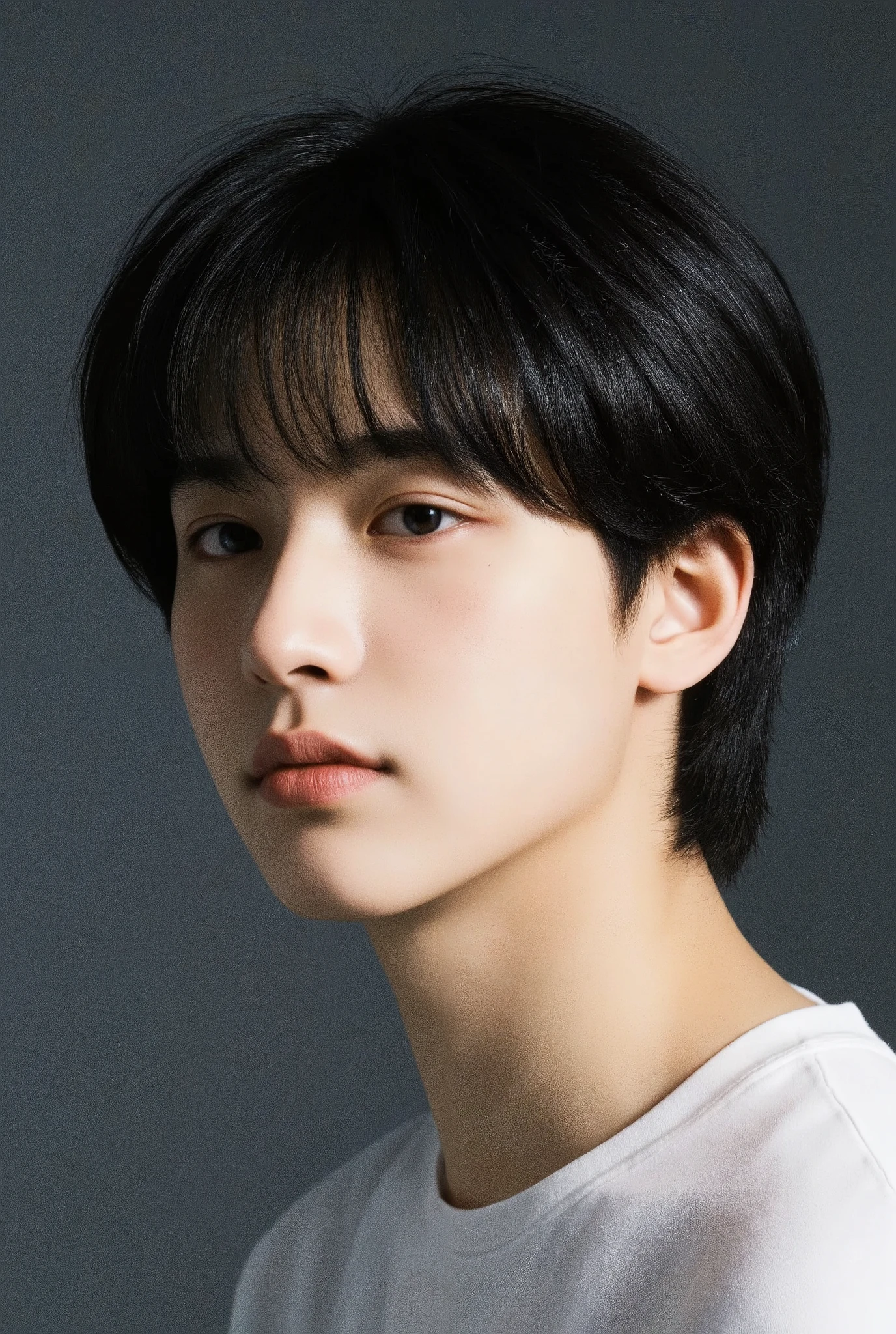 tmasterpiece, best quality, high resolution, 超A high resolution, 1 male, Johnny’s, K-POP, realistic, age boy, black hair, comma bangs, blue eyes, fair skin, wearing a T-shirt, cool and youthful vibe, soft spotlight in a studio setting, gentle smile, face as the main focus.