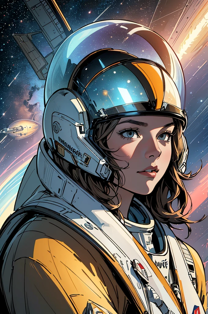 (((Top Quality Masterpiece ))),(((solo:1.2))),((( 1 woman :1.2))), 32K Highly Detailed Wallpaper , Retro Vintage Style ,(dynamic Angles),((( overwhelming highlights))),((most complex machine)),American Comics Touch , 80s space thriller movie poster,(((Detailed and perfect woman ))),((( bust up))),(((full face helmet space shuttle satellite)))