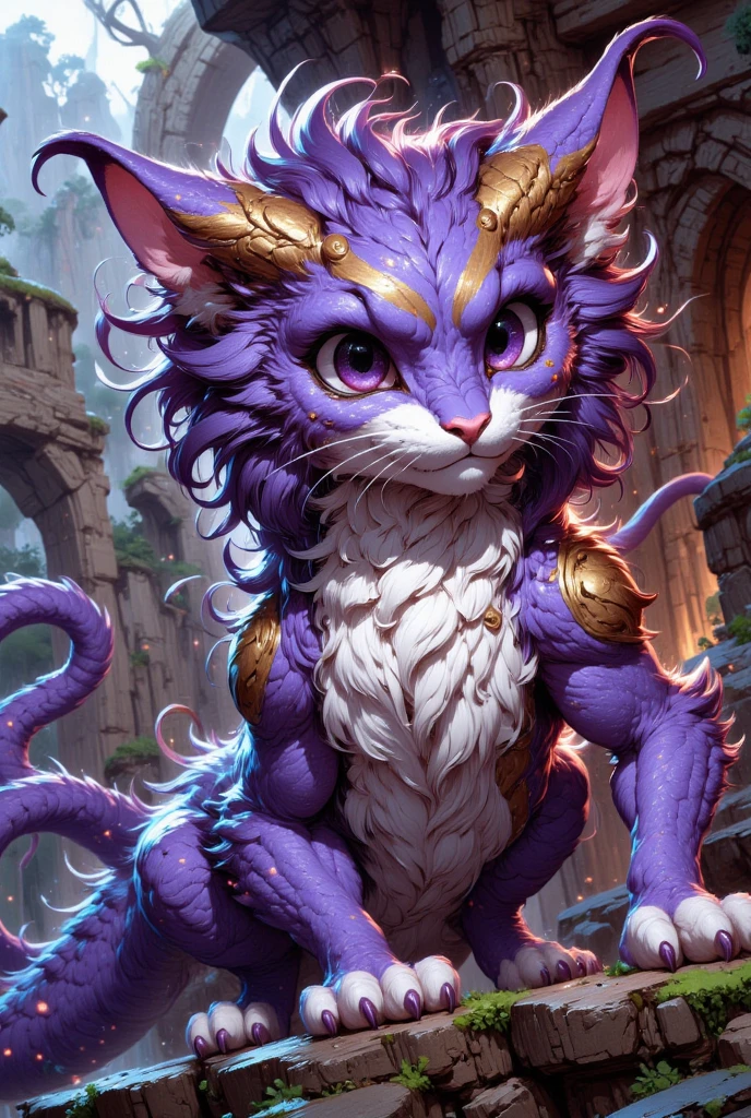 combines the characteristics of a cat and dragon. gaint, It has a connection with the three elements of earth, air and fire. fantasy setting, 8k, uhd, masterpiece, detailed. Violet fur with golden parts on head, neck and paws. Fluffy, long fur