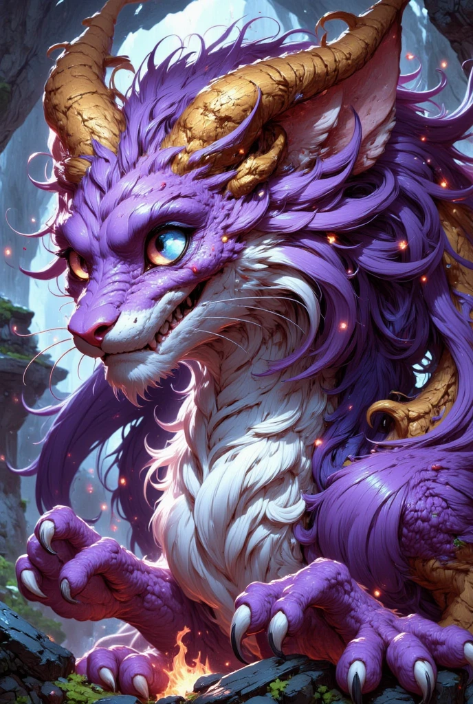 combines the characteristics of a cat and dragon. gaint, It has a connection with the three elements of earth, air and fire. fantasy setting, 8k, uhd, masterpiece, detailed. Violet fur with golden parts on head, neck and paws. Fluffy, long fur