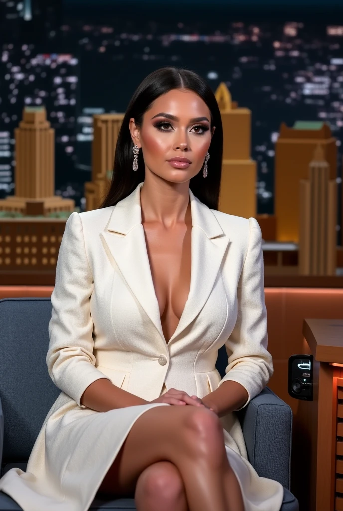 Nahaufnahme einer attraktiven libanesischen Egirl-Frau im Designeranzug mit anderen Menschen, Kardashian-Gesicht, mit hellbrauner Haut, Of course, kein Make-up, natural imperfections, braune Augen, schwarzes Haar, auf einer Party mit anderen Leuten, Posieren, aufgenommen mit einer Canon EOS R-Kamera mit 50 mm f/1.8 Linsen, f/2.2 Blende, Verschlusszeit 1/200er Jahre, ISO 100 and natural light, full entire body, Realistische Fotografie, Hyperdetail, UltraHD, Farbkorrektur, UltraHD, HDR, Farbkorrektur