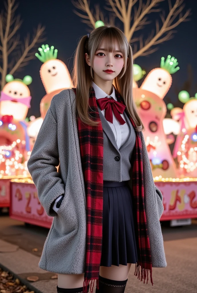 ultra-realistic, photorealistic, dramatic scene, shadow, global-illumination, solo, (teenage Japanese famous idol girl), very beautiful fragile Japanese girl, very beautiful with very cute but boyish cool face, (very large breasts), slim waist, (wearing a gray colored Japanese high school cute uniform of white shirt with blazer and skirt), (red ribbon), (stylish winter coat), (cute checked red woolen scarf), (glove), (She is wearing dark navy tights), (very large breasts), upper body shot, (She is standing and looking at the Daikon Character-Themed Electrical Parade at the amusement park), daikon\(cute, medium long, very large, chubby, white daikon radish character, green leaves on the top, smiled simple cute face with extremely detailed eyes, detailed anime girl's beautiful eyes, short hands and foot\), (A lively and fun daikon parade with glittering lights and many daikon radish characters on the float), (The floats in the daikon radish Electrical Parade were beautifully decorated with lights), (at night), A few autumn leaves can be seen among the leafless trees, she looks so happy, happy smile, professional lighting,