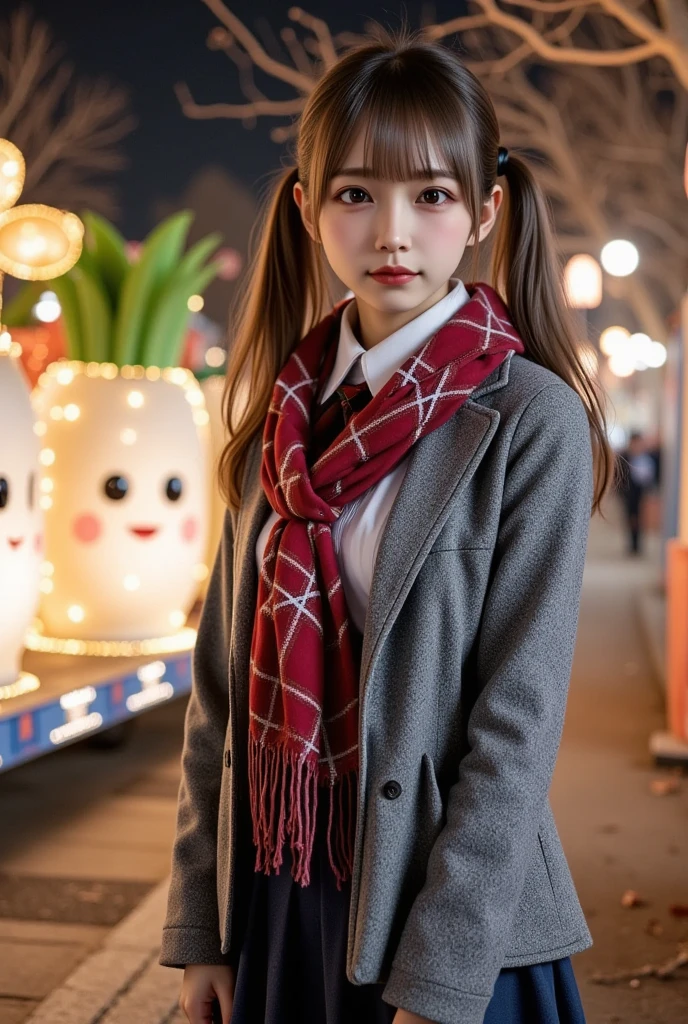 ultra-realistic, photorealistic, dramatic scene, shadow, global-illumination, solo, (teenage Japanese famous idol girl), very beautiful fragile Japanese girl, very beautiful with very cute but boyish cool face, (very large breasts), slim waist, (wearing a gray colored Japanese high school cute uniform of white shirt with blazer and skirt), (red ribbon), (stylish winter coat), (cute checked red woolen scarf), (glove), (She is wearing dark navy tights), (very large breasts), upper body shot, (She is standing and looking at the Daikon Character-Themed Electrical Parade at the amusement park), daikon\(cute, medium long, very large, chubby, white daikon radish character, green leaves on the top, smiled simple cute face, short hands and foot\), (A lively and fun daikon parade with glittering lights and many daikon radish characters on the float), (The floats in the daikon radish Electrical Parade were beautifully decorated with lights), (at night), A few autumn leaves can be seen among the leafless trees, she looks so happy, happy smile, professional lighting,