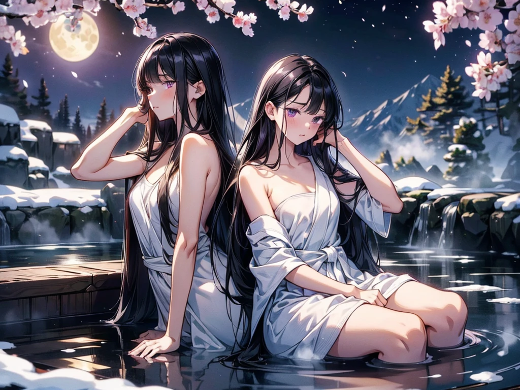 femele,Side Body,Big breasts,Pubic hair shows through,Japanese white kimono,moon full,cropped shoulders,red waistband,long whitr hair,Japanese kimono hair,brunette color hair,wading,show legs,Cherry blossom hair accessories ,the night,独奏,Front focus,(((tmasterpiece),(Very detailed CG unity 8k wallpaper),best qualtiy,,独奏,1girl,cinmatic lighting,detailed back ground,beatiful detailed eyes,Bright pupils,(very fine and beautiful),(Beautiful and detailed eye description),ultra - detailed,tmasterpiece,)),