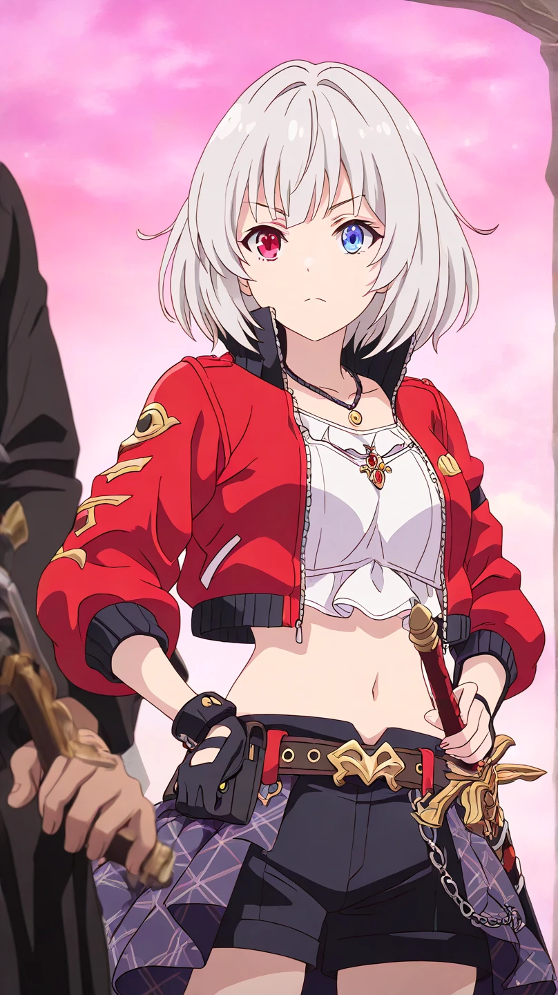 1girl, short hair, silver hair, solo focus, Highress, 2k, best quality, face details. 
Eyes:
 Heterochromia iridis),(left eye,Red eyes),(right eye,blue eyes),
Clothing Description:

Top: Wearing a white crop top with black straps, layered with black mesh covering the neckline.

Outerwear: An oversized white bomber jacket with red and black accents on the inside. The red lining features a quilted pattern, adding a stylish detail.

Additional Accessories: A necklace with a triangular pendant and chain straps hanging from the belt, with a sword in a room, shadowverse style, shadowverse, detailed key anime art, high detailed official artwork, detailed fantasy art, extremely detailed artgerm, anime fantasy artwork,

Bottom: Black shorts with red accents, featuring metallic chains and straps wrapping around the waist. Buckles and straps add a utilitarian touch.

Background:
A pastel pink background with heart and star patterns, creating a sweet and cheerful atmosphere. There’s also a. She make  with a sword in a room, shadowverse style, shadowverse, detailed key anime art, high detailed official artwork, detailed fantasy art, extremely detailed artgerm, anime fantasy artwork,