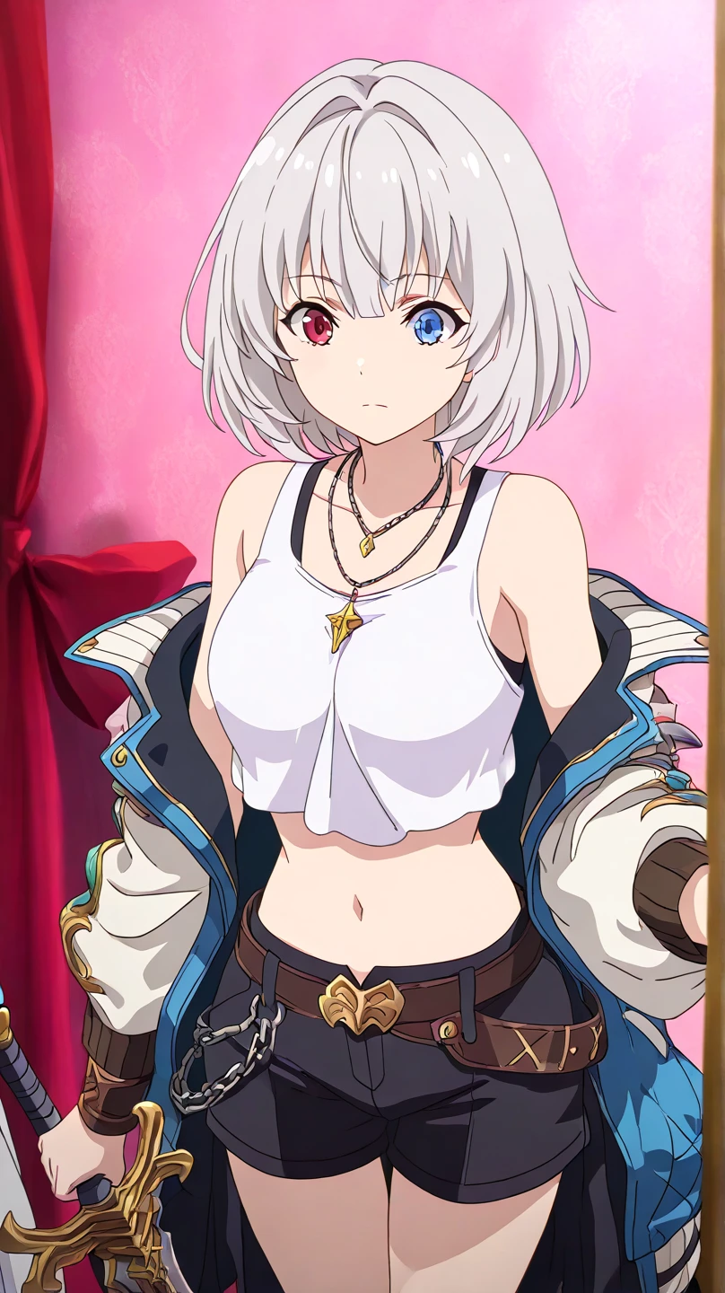 1girl, short hair, silver hair, solo focus, Highress, 2k, best quality, face details. 
Eyes:
 Heterochromia iridis),(left eye,Red eyes),(right eye,blue eyes),
Clothing Description:

Top: Wearing a white crop top with black straps, layered with black mesh covering the neckline.

Outerwear: An oversized white bomber jacket with red and black accents on the inside. The red lining features a quilted pattern, adding a stylish detail.

Additional Accessories: A necklace with a triangular pendant and chain straps hanging from the belt, with a sword in a room, shadowverse style, shadowverse, detailed key anime art, high detailed official artwork, detailed fantasy art, extremely detailed artgerm, anime fantasy artwork,

Bottom: Black shorts with red accents, featuring metallic chains and straps wrapping around the waist. Buckles and straps add a utilitarian touch.

Background:
A pastel pink background with heart and star patterns, creating a sweet and cheerful atmosphere. There’s also a. She make  with a sword in a room, shadowverse style, shadowverse, detailed key anime art, high detailed official artwork, detailed fantasy art, extremely detailed artgerm, anime fantasy artwork,