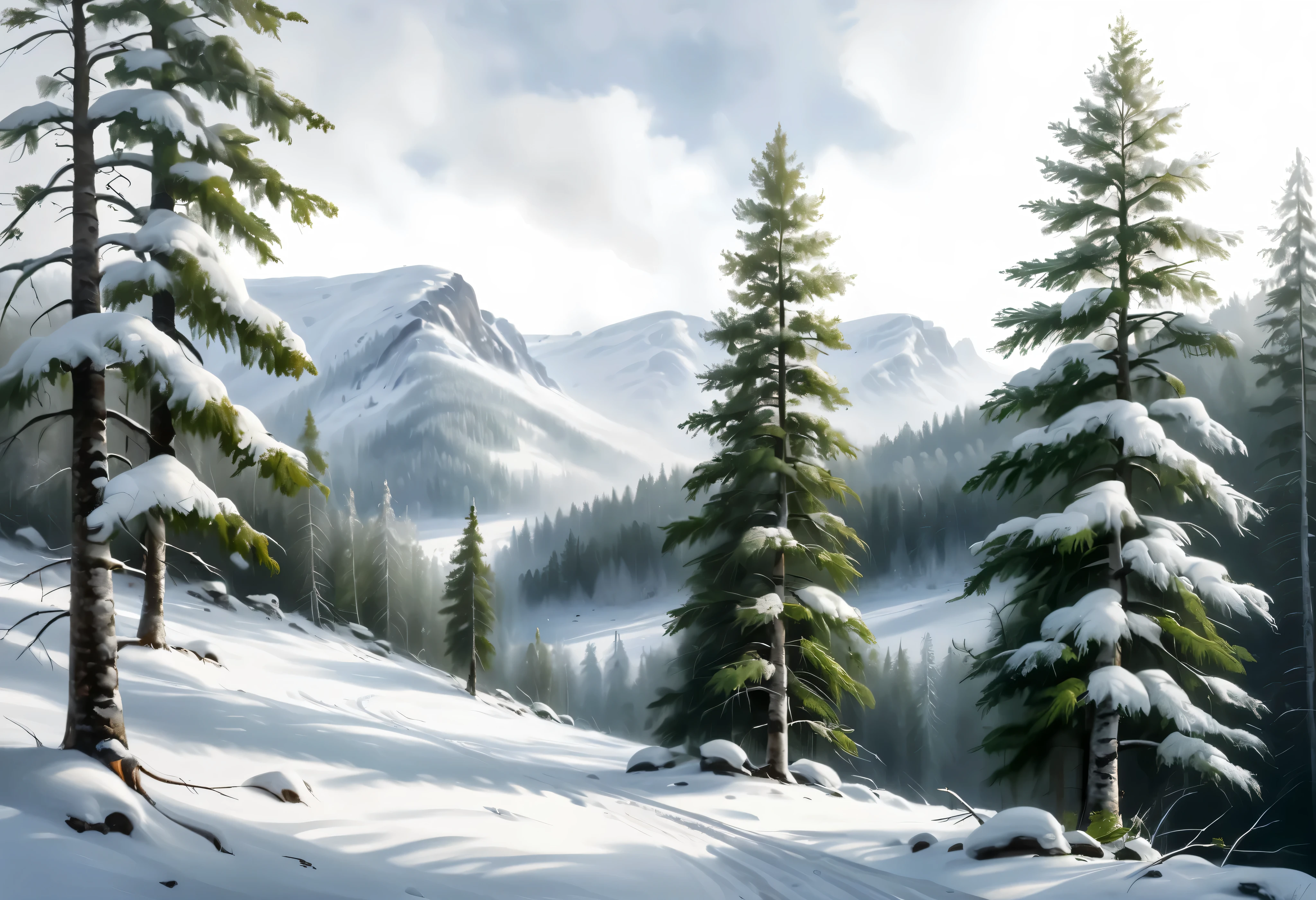 d'arbres recouverts de neige, nature norvégienne, image uhd, paysages réalistes, peinture à l'huile traditionnelle, Vert et gris