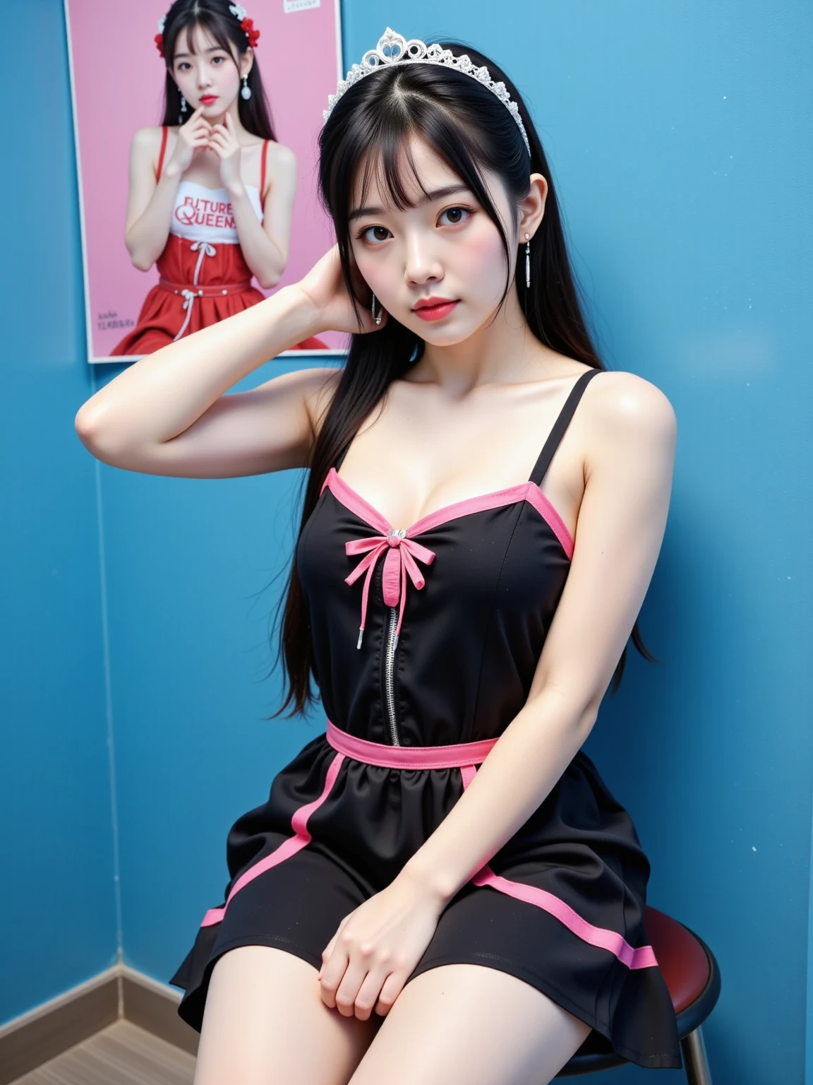 a front view looking up at a cute blooming blossoming slim young K- pop trainee idol  with pigtails, black hair, face glitter, hint of pink blush, princess hairband, small chest, flat stomach, very small waist , petite, slim legs, babiface, petite hands, younger-looking, angelic features, wearing a tight fitting low-cut open-chest black and pink princess mini-dress with a pulled down unfastened zipper, black stockings, garter belt. the new young trainee 14s sitting on a stool legs parted  in a dressing room leaning back against the wall with one arm behind her head, her other arm is pressed onto the wall and her legs are spread open wide. panties pulled down. A pink "FutureQueens" poster with her portrait is on the blue walls.