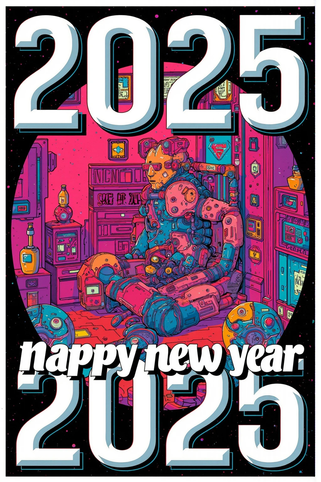  "2025  happy new year" Posters Celebrating the New Year with , Design Combining Past and Future , Retrofuturism , Letters as Headlines {x} Geometric and colorful designs that reinterpret 1980s elements in a modern way, Dynamic Typography , Gradients and Metallic Effects on Posters , Reed Glass-like Transparency  ,strange room , A crazy man wearing clothes designed to look like a protective suit is sitting,Ultra-realistic composition ,   surreal style  ,  neo-surrealistic    .     digital art   , surrealistic     digital art   work,   Surreal Scene  ,   surreal photography  , surreal 3 d render,   Surrealist Conceptual Art    ,   Dreamy Art  ,   surreal photography  graphy,   surrealist photography  ,  items floating in the air  、lots of items , ultra high resolution ,   very detailed,  huge room with no windows , Hyacinth,vapor,junk, Wide Angle Shot ,  Proximity Method, Strange 80s Style Synthwave , Synthwave City, Synth Wave Style , Miami Synthwave , Synthwave Art Style from a 2009 SF8K movie, cyberpunk atmosphere , Spectacular Retrowave Art