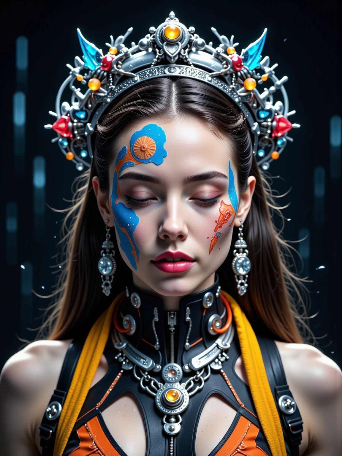 Create an ultra-realistic image, like a futuristic photograph, depicting a woman's face and upper body. The face and body are covered in intricate patterns and bright colors, creating the impression of a mixture of technology and organic forms.
*Main details:
- Face and body:
The woman's face is covered in brightly colored elements: blue, orange, red and yellow.
The eyes are closed, giving the face a mysterious and meditative expression.
The lips are bright pink, which contrasts with the rest of the colors.
The skin shows intricate patterns and lines, reminiscent of technological circuits or biomechanical elements.
* Jewelry and details:
On the woman's head is a complex structure resembling a crown or headdress, consisting of metal and plastic elements.
Various details such as wires, chains and jewelry hang from this structure, adding to the futuristic and cyberpunk look of the image.
The body also shows metal and plastic elements integrated into the skin, enhancing the impression of biomechanical modification. *Color Palette:
Bright and saturated colors are used: blue, orange, red, yellow and black.
The colors create contrast and emphasize the complexity and detail of the image.
*Minor details and background:
The background of the image is dark, which helps to highlight the bright colors and details of the face and body.
Additional elements such as wires and metal parts are visible in the background, which add depth and complexity to the image.
*Mood and emotion:
The image creates an impression of mystery and futurism.
The woman’s facial expression is calm and meditative, which contrasts with the bright and dynamic details.
Maximum detail and photo-realism.