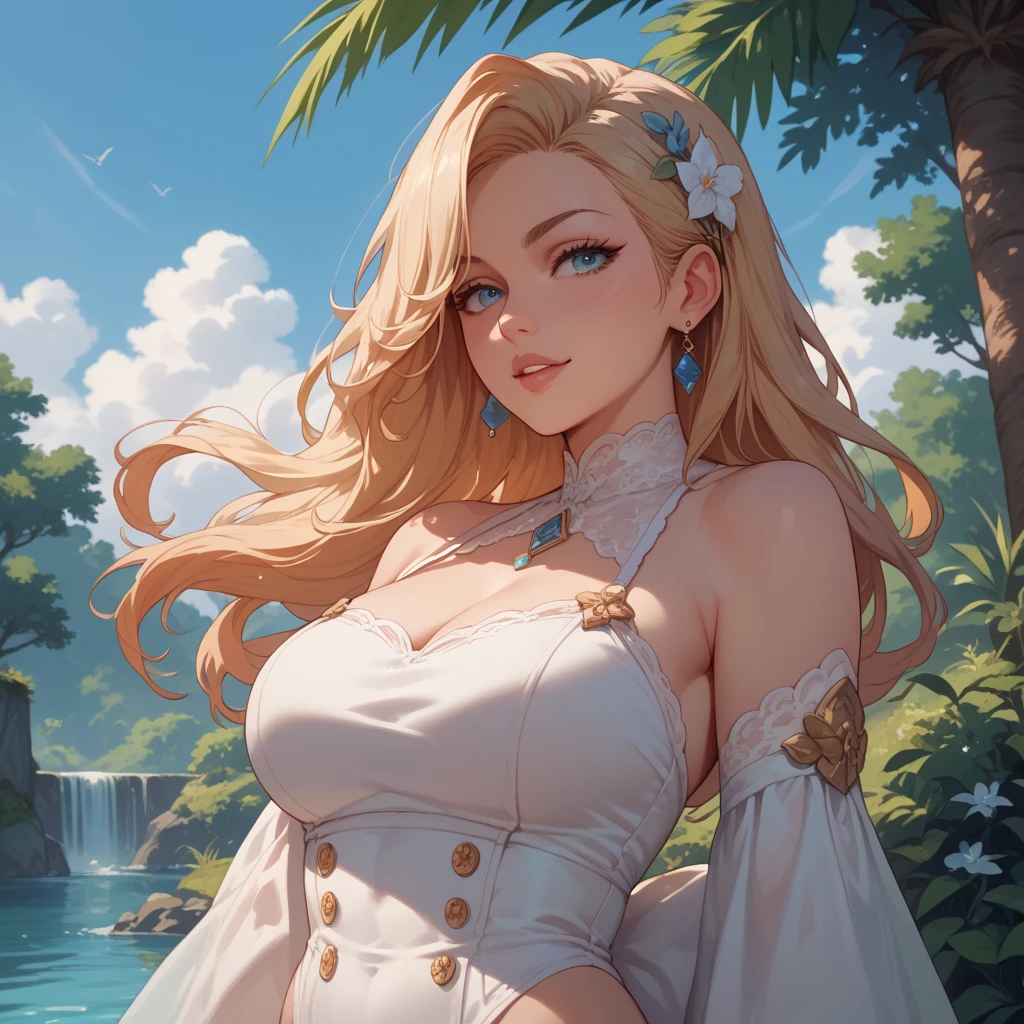1 girl in, age 19, One, long hair, colossal , I look at the viewer, Blonde hair, Blonde hair, bare shoulders, green eyes, jewelry, Whole body, necklace, off the shoulders, sweaters, realistic, sexual