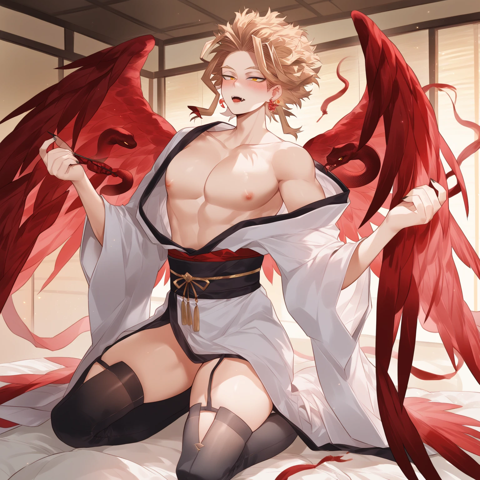 Only One,  blond boy,  hair combed back with two front locks,  golden eyes ,  with sharp pupils ,  fine and delicate ranges , Curves thighs, framed pectorals ,  red wings on his back ,  long sharp black nails , red earrings, Clothes:  Beautiful white kimono with red flower design ,  black thigh-length stockings ,  kimono falling down his arms ,  bare chest erect nipples ,  sitting kneeling on a futon ,  with one hand resting on the futon ,  resting on a bunch of pillows , Open lips with a tongue completely out, long like that of a snake, fangs, blushing ,  boy with a single black anaconda and turquoise eyes around him, long, thick dark snake  ,  Japanese-style room,  perfectly detailed image , Hawks, ♂️,  boku no hero Academia 