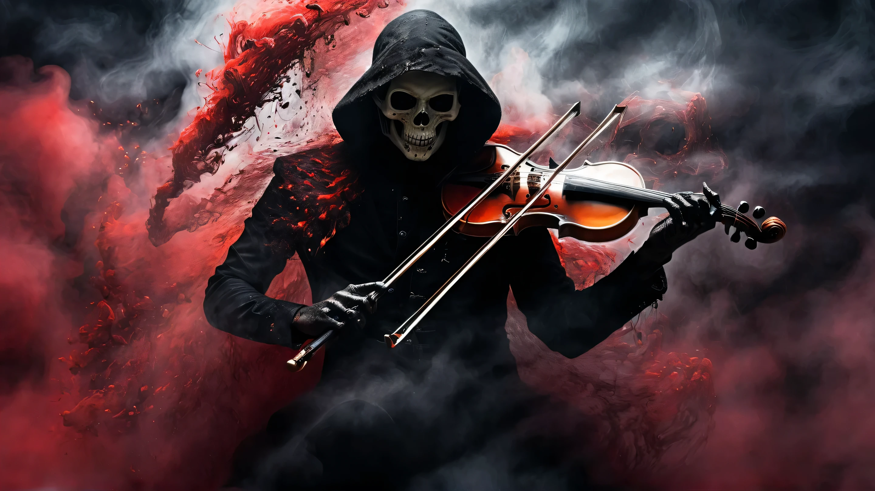 Black grim reaper, Engulfed BY black and red, (playing scythe violin), detailed weapons, top quality, highly detailed, dark and mysterious, Gothic style, menacing presence, haunting atmosphere, subtle lighting, gloomy and foreboding, eerie shadows, swirling mist, supernatural elements, skull motif, dramatic composition, macabre aesthetic,