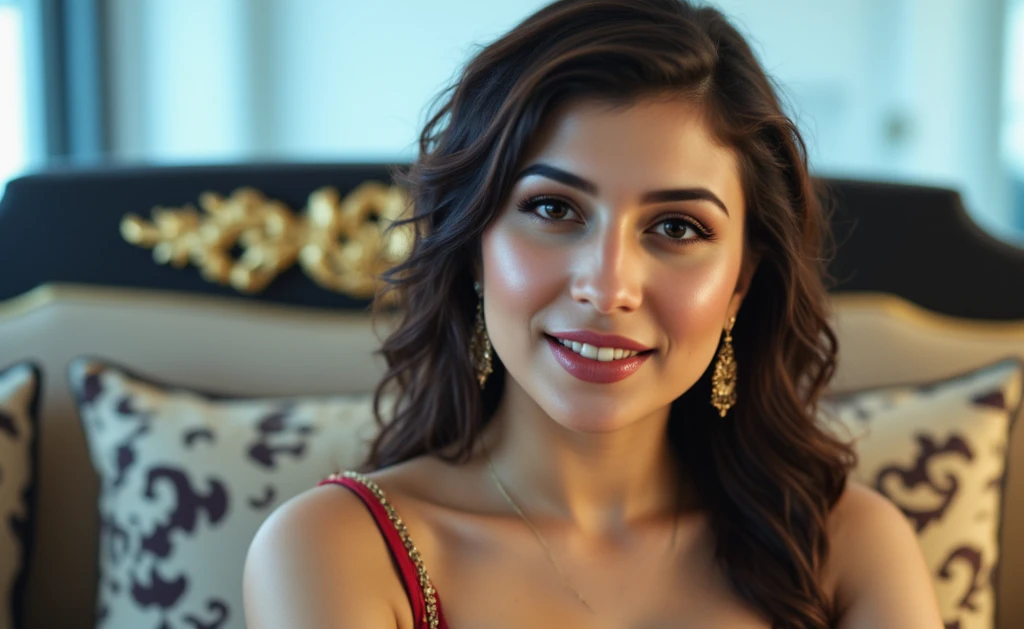 A full-body portrait of an Indian woman standing confidently in a luxurious indoor setting. She wears a modern twist on traditional attire: a red lehenga with intricate gold embroidery along the hem and a sheer dupatta draped loosely over her shoulders. The lehenga sits low on her waist, revealing a perfectly sculpted midriff with a prominent navel featuring a slightly larger navel hole. Her ample cleavage is accentuated by a matching red blouse with a deep neckline and golden straps. Her skin glows with a warm undertone, highlighted by soft, diffused indoor lighting that reflects off the ornate furnishings around her. The room showcases a plush bed with embroidered cushions and a large mirror behind her, which captures a faint reflection of her pose. Her long, black hair cascades down her back, framing her freckled face adorned with bold eyeliner and pink lipstick. She wears dangling golden earrings and a choker necklace, perfectly complementing her outfit. The atmosphere is intimate and elegant, with a focus on her graceful yet bold presence,woJ3ssB13l, she is smiling