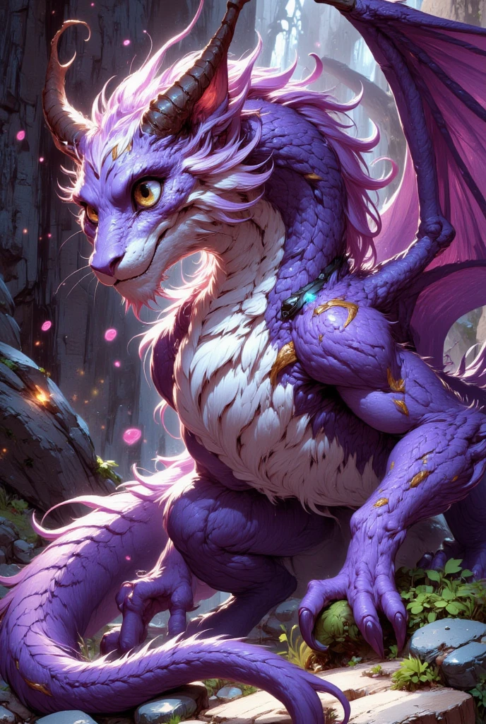 combines the characteristics of a cat and dragon. gaint, It has a connection with the three elements of earth, air and fire. fantasy setting, 8k, uhd, masterpiece, detailed. Violet fur with golden parts on head, neck and paws. Fluffy, long fur