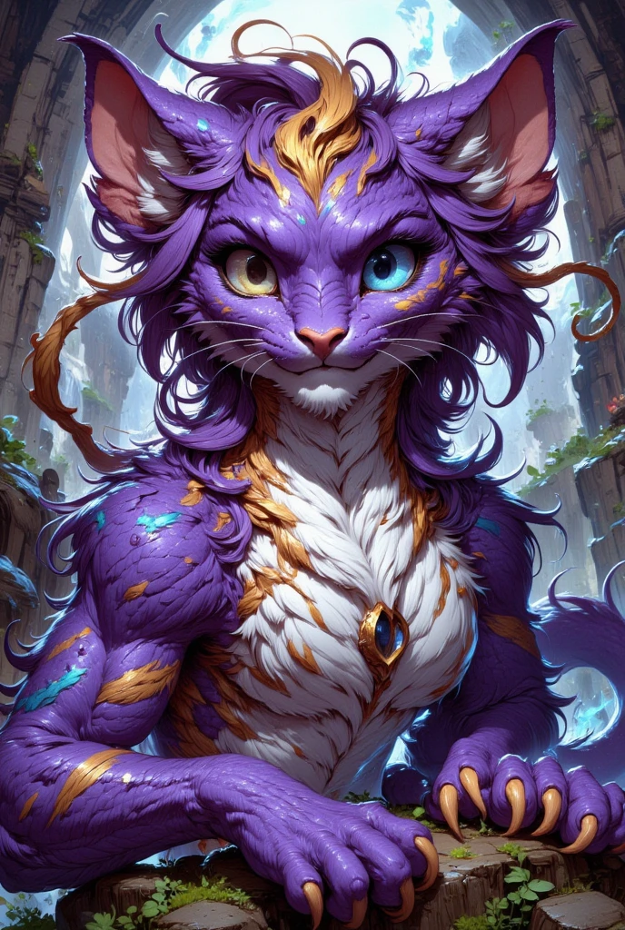 combines the characteristics of a cat and dragon. gaint, It has a connection with the three elements of earth, air and fire. fantasy setting, 8k, uhd, masterpiece, detailed. Violet fur with golden parts on head, neck and paws. Fluffy, long fur