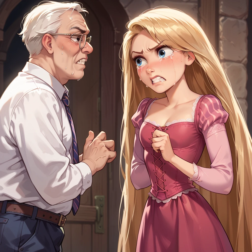  one girl ,rapunzel, slim, Beautiful,  blue eyes , (( red dress )), angry, crying, An old man grabs and lowers her panties under the skirt, ,