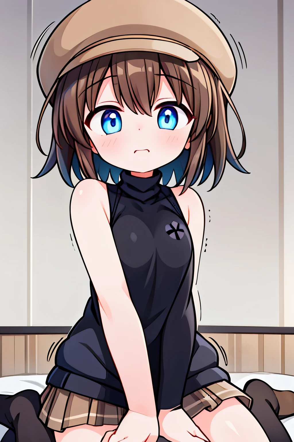 masterpiece , top quality, absurd, 1 girl , (Helga Haruka , blue eyes, brown hair, short hair , Brown hat, black sweater , sleeveless, turtleneck , check skirt ) , one middle-aged man ,(naked, perfect anatomy,whole body), (Hetero sex:1.1), sex, NTR, (:1.3), vaginal , Love Hotel