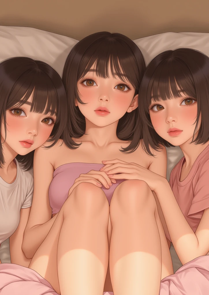 nsfw,score_9, score_8_up, score_7_up, high res image,masterpiece,best quality,girl,cute face,clear skin,shiny hair,ultra detailed eyes,flower hairpin,(3girls:1.5),face close-up,cute,full body,necklace,lying on table,pussy juice, pussy, cum inside, tights, high heel,