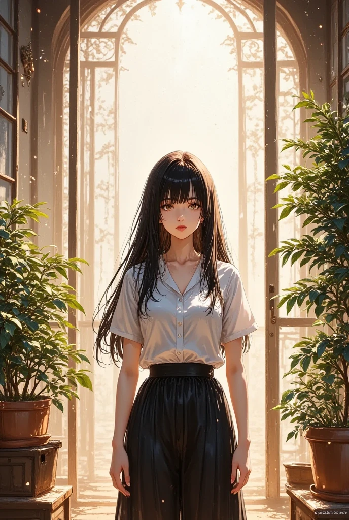 masterpiece, cinematic lighting,1girl ,solo, black long hair, look at me, standing in room , sunny, sunlight cascade down from window,  ambient light, volumetric lighting, ultra aesthetic environment, 8k, 16k, hdr, best quality, indirect lighting, super quality composition,