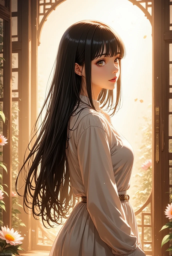 masterpiece, cinematic lighting,1girl ,solo, black long hair, look at me, standing in room , sunny, sunlight cascade down from window,  ambient light, volumetric lighting, ultra aesthetic environment, 8k, 16k, hdr, best quality, indirect lighting, super quality composition,