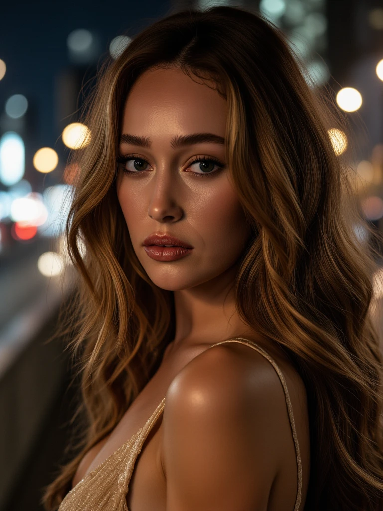 professional full body photo, ((girl in full view)) (4k photo:1.1) (David Hamilton style), (Sharp focus:1.3), high detail, ((realistic skin)), camera zoomed out, Irish, freckles, elegant business woman, revealing dress, detailed lace dress, ((full view)), ((high heels)) city center at night, bokeh, long wavy red hair, Instagram model, sensuous pose, full body view, confident, fit girl, lean girl, small breasts:1.2, perfect anatomy, perfect symmetry:1.2, realistic, realistic face:1.2, perfect face, happy, confident, highly detailed, and dramatic, cinematic lighting, bright scene, soft lights